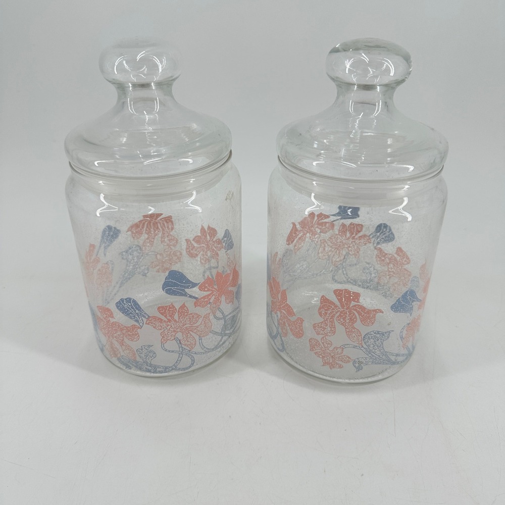 Vintage Floral Glass Apothecary Jars Set of 2 Pink Blue Botanical Canisters